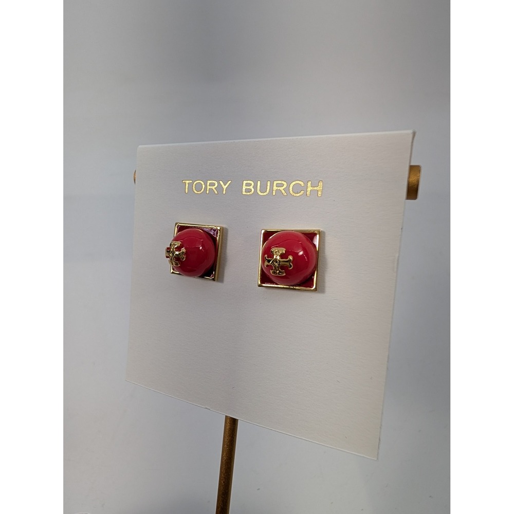 Tory Burch Red Gold Tone Square Logo Stud Earrings - New - Picture 3 of 4